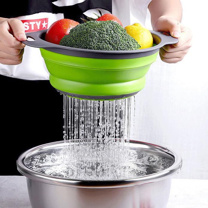 2pcs Collapsible Colander, Round Green Set Folding Silicone strainers for Kitchen, Collapsible Funnel Suitable for Draining Pasta, Vegetables and Fruits, Small