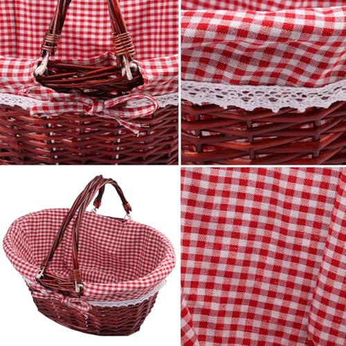 GNIEMCKIN 1 Pack 14.2 Inch Wicker Basket with Handle, Wicker Picnic Baskets with Red Checkered Liner, Oval Willow Woven Basket for Fruit, Wine, Wedding, Picnic(Brown Color) - size: 1 Pack 14.2 Inch Brown