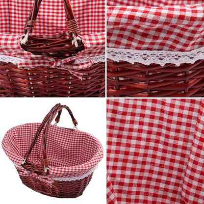 GNIEMCKIN 1 Pack 14.2 Inch Wicker Basket with Handle, Wicker Picnic Baskets with Red Checkered Liner, Oval Willow Woven Basket for Fruit, Wine, Wedding, Picnic(Brown Color) - size: 1 Pack 14.2 Inch Brown