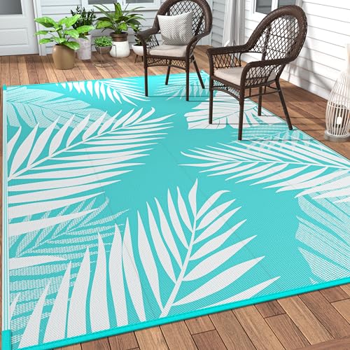 GENIMO Outdoor Rug 9' x 12' Waterproof for Patios Clearance, Reversible Outdoor Plastic Straw Camping Rug Carpet, Large Area Rugs Mats for RV, Camper, Deck, Balcony, Porch, Beach, Aqua Blue&White - color: Aquablue & White, size: 9' x 12' (Rectangular)
