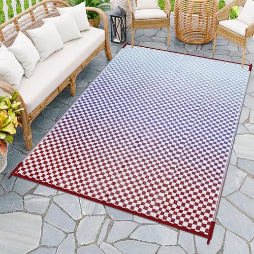 Wonnitar Waterproof Outdoor Rug 6x9 - Blue Purple Gradient Checkered Camping Plastic Straw Rug, Reversible Outside Mat for Patio RV Backyard, Lightweight Portable Deck Carpet - color: Blue-purple, size: 6' x 9' (Rectangular)
