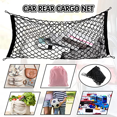 Tallew 2 Pcs Car Rear Cargo Net, Adjustable Elastic Mesh Cargo Net, 3 Pocket Heavy Duty Trunk Bed Storage Organizer, Universal for Car SUV Vehicle Pickup Truck with Accessories(43.3 x 15.7 Inches)