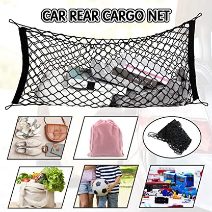 Tallew 2 Pcs Car Rear Cargo Net, Adjustable Elastic Mesh Cargo Net, 3 Pocket Heavy Duty Trunk Bed Storage Organizer, Universal for Car SUV Vehicle Pickup Truck with Accessories(43.3 x 15.7 Inches)