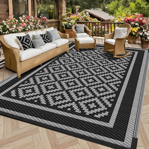 Kohree RV Outdoor Rug 9x12 Reversible, Waterproof Patio Mat with 4 Stakes & UV Fade Resistant, Non-Slip Outdoor Camping Mat for Deck, Picnic, Backyard, Includes Carry Bag (Black & Grey) - color: Black & Grey(diamond), size: 9' x 12' (Rectangular)