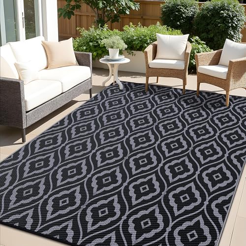 OLANLY Outdoor Rug 5x8 ft Waterproof, Outdoor Plastic Straw Rug with Geometric Pattern Clearance, Reversible RV Mat for Patio, Camping, Balcony, Deck, Backyard, Black & Grey - color: Black & Grey, size: 5' X 8' (Rectangular)