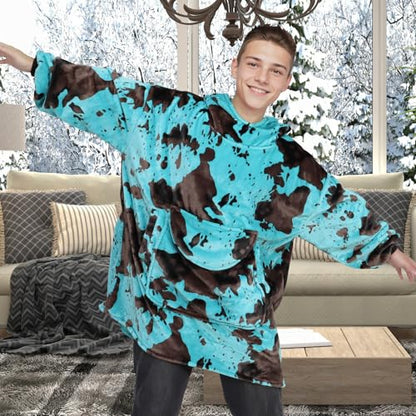 Turquoise Wearable Blanket Hoodie - Warm & Cozy Plush Fleece Sweatshirt Blanket Teal Blue Gifts for Men Women Birthday with Giant Hood Pocket and Sleeves - color: Black Blue, size: Adult