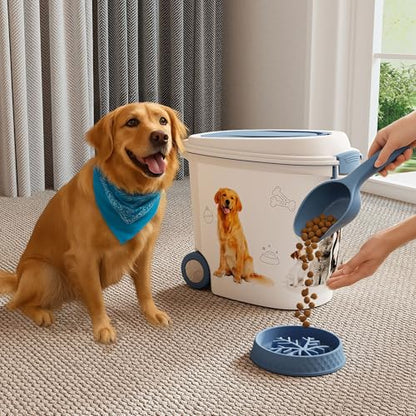 Pet Food Storage Container with Wheels Resin Capacity Dog Food Container with Slow Feeder Bowl and Scoop Easy to Move to Keep Food Fresh for Dogs, Cats, Birds（Blue&white,Quantity 1） - color: Blue&white