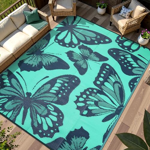 Anidaroel Butterfly Outdoor Rug 8X10 Patio Waterproof, Reversible Plastic Straw Outside Area Rug, Large Outdoor Area Rug for Deck, Camper, Backyard, Picnic(Green,8‘X10') - color: Green Butterfly, size: 8' x 10' (Rectangular)