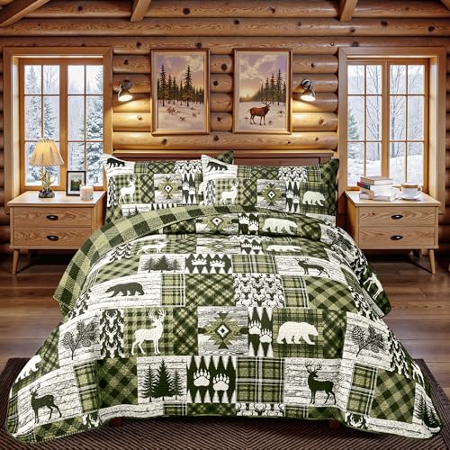 3 Piece Cabin Full/Queen Quilt Sets Farmhouse Rustic Reversible Microfiber Soft Lightweight Bedspread Comforter with 2 Shams Patchwork Country Lodge Bedding Quilts Set for All Season, 90''x96'', Green - color: Bear Green, size: Full/Queen