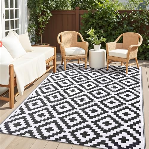 OLANLY Waterproof Outdoor Rug 5x8 ft, Outdoor Plastic Straw Rug for Camping, RV Mat Outside, Indoor Outdoor Carpet for Porch, Deck, Backyard, Balcony, Picnic, Black & White - color: Black & White, size: 5' X 8' (Rectangular)