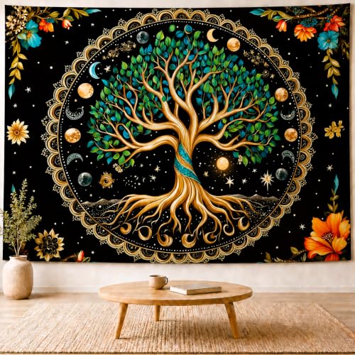 Delur Tree of Life Tapestry Moon Phase Nature Flower Plant Tapestry Wall Hanging Boho Mandala Spiritual Sun Aesthetic Psychedelic Headboard for Bedroom Living Room Home Decor (59.1" x 78.7") - color: Moon Phase Tree of Life, size: 59.1"L x 78.7"W