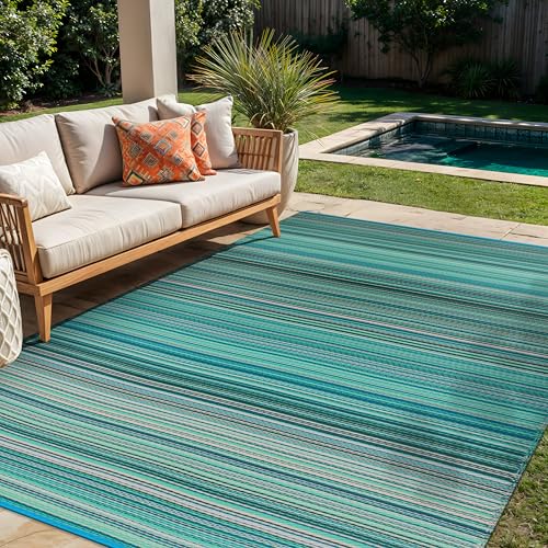 Rugshop Contemporary Stripe Reversible Crease-Free Waterproof Premium Recycled Plastic Outdoor Rugs for Patio,Backyard,RV,Deck,Picnic,Trailer,Beach,Camping Blue 5' x 7' - size: 5' x 7' (Rectangular)