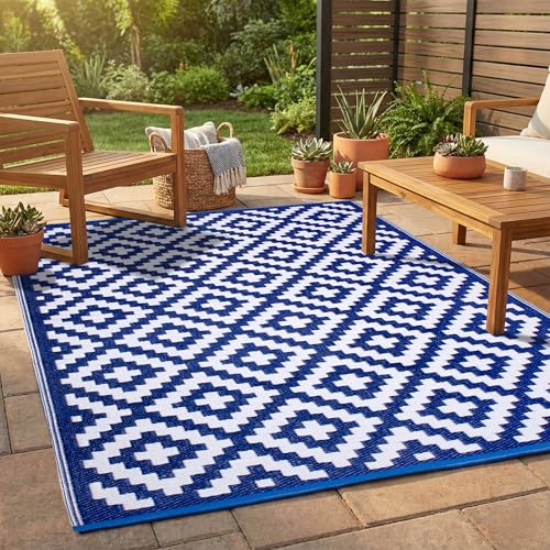 FH Home Outdoor Rug - Waterproof, Fade Resistant, Reversible - Premium Recycled Plastic - Geometric - Patio, Porch, Deck, Balcony - Aztec - Blue & White Crease Free - 5 x 8 ft - color: Aztec - Blue & White, size: 5' x 8' (Rectangular)