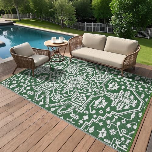 GAOMON 9x18 Outdoor Rug Waterproof for Patio Picnic Non Shedding Plastic Straw Reversible Large Outdoor Rug for Front Back Door Pool RV Portable Boho Vintage Floral Carpet Outside Decor, Green White - color: Vintage | Green White, size: 9' x 18' (Rectangu