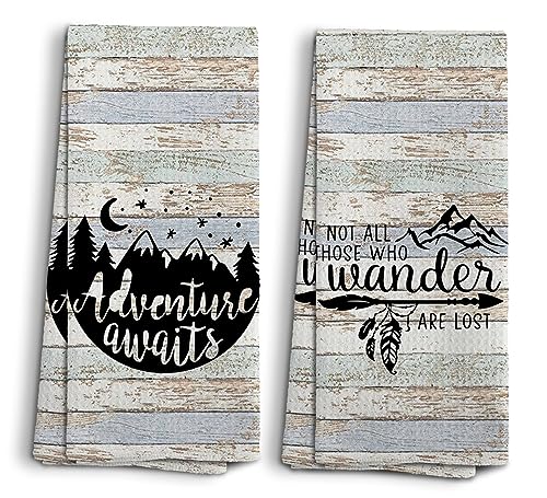 Camping Dish Towels, Camping Gifts for Women Men, Camping Decor for Camper, RV Accessories, Adventure Awaits Decoration Hand Tea Towels, Set of 2, 16x24 - color: Mountain-5