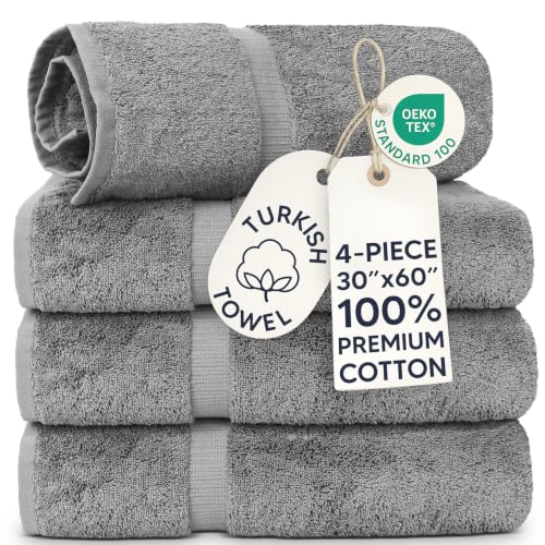 Chakir Turkish Linens 4 Piece Extra Large Bath Towels, 100% Cotton Luxury Turkish Towels for Bathroom, Soft Absorbent Bath Towels, 30 x 60 Inches, Gray - color: Gray