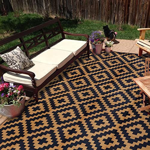 SAND MINE Reversible Mats, Plastic Straw Rug, Modern Area Rug, Large Floor Mat and Rug for Outdoors, RV, Patio, Backyard, Deck, Picnic, Beach, Trailer, Camping, Black & Brown, 9' x 18' - color: Black & Brown, size: 9' x 18'