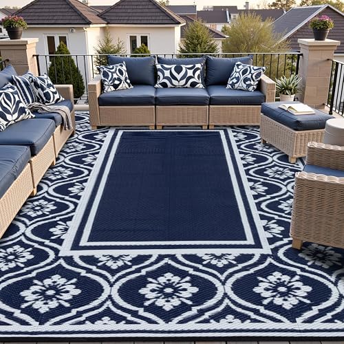 HUGEAR Outdoor Rug 8x10 Patio Camping Carpet Waterproof Mat Blue Outside Plastic Area Rug Reversible Rugs for RV Deck Entryance Porch Picnic Balcony Beach(8x10ft Navy Blue&White) - color: A| Navy Blue&white, size: 8' x 10' (Rectangular)