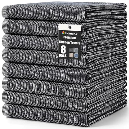 Homaxy Premium Kitchen Towels(18”x 28”, 8 Pack), Large Cotton Kitchen Hand Towels, Flat and Terry Dish Towels, 380 GSM Highly Absorbent Tea Towel Set with Hanging Loop, Black - color: Black, style: 8-pack