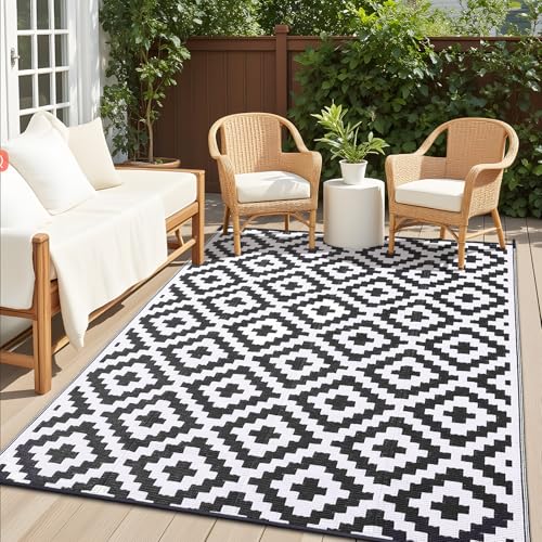 OLANLY Waterproof Outdoor Rug 6x9 ft, Outdoor Plastic Straw Rug for Camping, RV Mat Outside, Indoor Outdoor Carpet for Porch, Deck, Backyard, Balcony, Picnic, Black & White - color: Black & White, size: 6' X 9' (Rectangular)