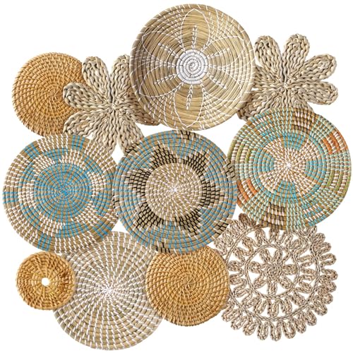 11 Pcs Boho Hanging Wall Basket Decor Handmade Woven Basket Wall Decorative Boho Wicker Baskets Placemats Round Farmhouse Bulrush Art for Rustic Home Decorations Christmas Gift(Bright) - style: Bright