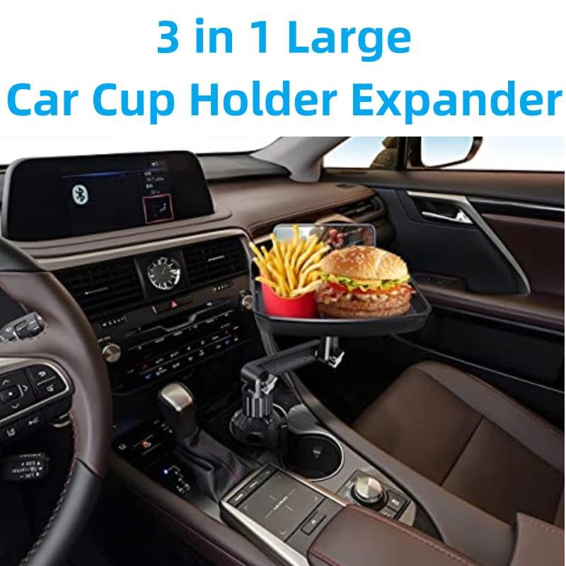 Kelofam Larger Cup Holder Tray, 10 inch Car Food Tray for Eating, Detachable 3 in 1 Car Cup Holder Expander and 360° Rotating Car Cup Holder Tray Table with Phone Holder, Road Trip Essentials