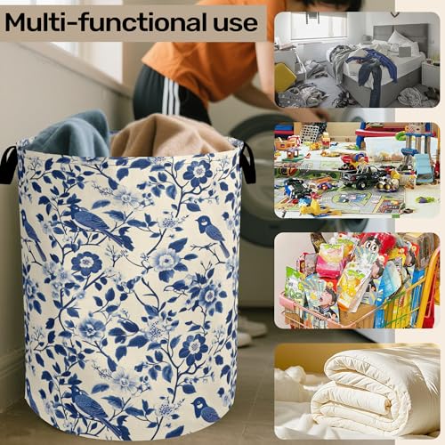 Navy Blue Beige Birds Laundry Basket - Heavy Duty 60L Dirty Clothes Organizer, Water Resistant Foldable Hamper for Men Women - color: Navy Blue Beige Birds