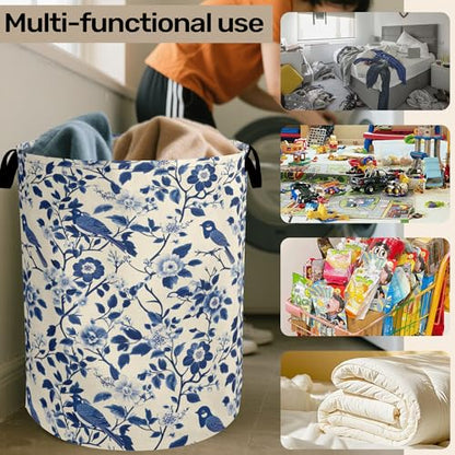 Navy Blue Beige Birds Laundry Basket - Heavy Duty 60L Dirty Clothes Organizer, Water Resistant Foldable Hamper for Men Women - color: Navy Blue Beige Birds