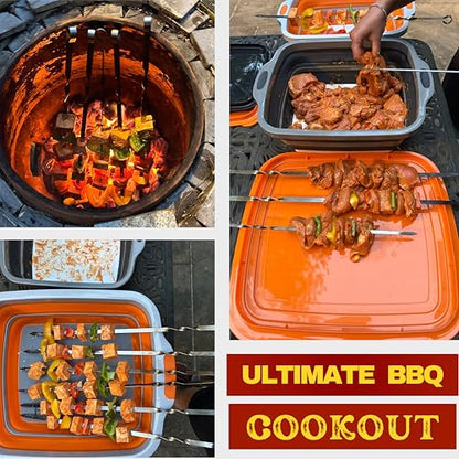 Collapsible X-Large (16L) BBQ Marinating Tub w/ Cutting Board | Multipurpose Food-Grade TPE Prep Tub w/ Lid | Built-In Colander & Drain Plug - For Camping | Tailgate | Picnic - Slate Black - size: X-Large
