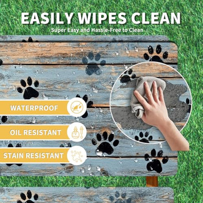Picnic Table Cover with Bench Covers 72IN 6FT, Camping Essentials Tablecloth Waterproof Oilproof with elastic Edge for Indoor Outdoor Patio (Blue Wood Grain Paw) - color: Wood Grain Dog Paws
