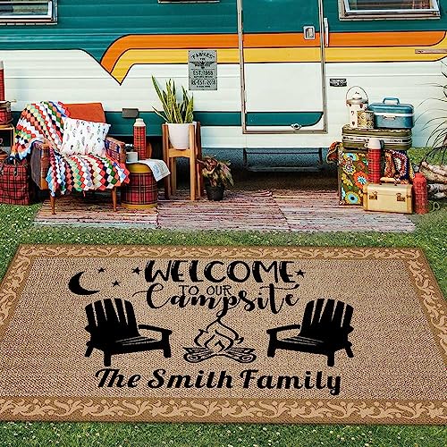 Custom Camping Rugs Welcome to Our Campsite RV Trailer Decor Camper Floor Mat for Outdoors, Patio, Backyard, Picnic, Beach, Camping, 66 x 99 Inch, 20 RV Optional - color: Welcome to Our Campsite 1, size: 5'6" x 8'3" (Rectangular)