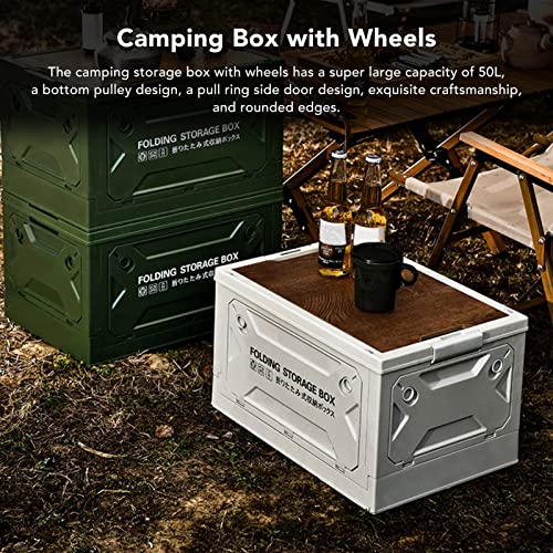 Foldable storage box, plastic campsite with wooden lids, storage tank with 50 lane and casters 50L, for camping, car trunk (Gray White) - color: Gray White