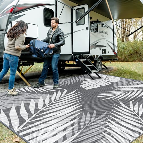 GENIMO Outdoor Rug 10' x 10' Waterproof for Patios Clearance, Reversible Outdoor Plastic Straw Camping Rug Carpet, Large Area Rugs Mats for RV, Camper, Deck, Balcony, Porch, Beach, Picnic, Grey&White - color: Grey & White, size: 10' x 10' (Rectangular)