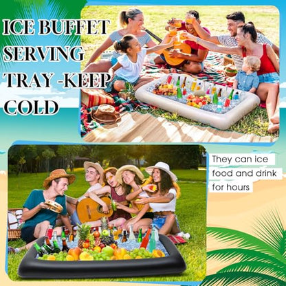 Leitee 5 Pcs Inflatable Serving Bar Kit Includes Salad Buffet Tray with Drain Plug Mesh Food Cover Food Drink Containers and Inflator for Ice Supplies Summer Party Camping Picnic(Black, White) - color: Black/White