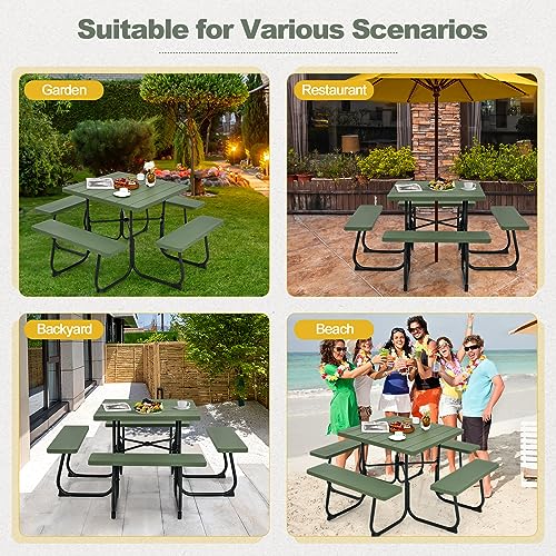 Tangkula 8 Person Picnic Table, Outdoor Square Picnic Table with 4 Built-in Benches, Umbrella Hole, Metal Frame & HDPE Tabletop, Outside Table and Bench Set for Backyard, 2300lbs Weight Capacity - color: Green