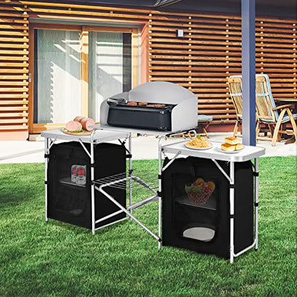 GYMAX Folding Camping Table, Portable Kitchen Table with 2 Zipper Organizer Shelf & Wind Screen, Foldable Cooking Table for Camping Hiking Picnic BBQ (Black) - color: Black