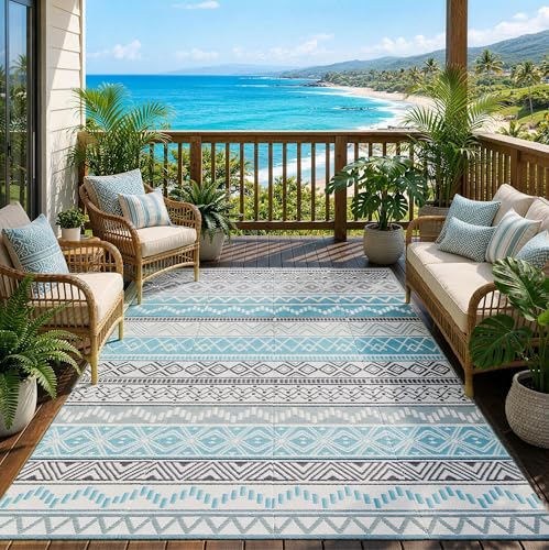 Outdoor Rug 6 x 9 ft, Reversible Plastic Straw Rug for Patio, Waterproof Large Outdoor Carpet for RV, Patio, Camping, Backyard, Deck, Picnic, Beach, Blue & Grey - color: Blue/Grey, size: 6'x9'