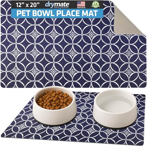 Drymate Pet Bowl Placemat, Dog & Cat Food Feeding Mats, 12x20, Indigo | Absorbent Fabric, Waterproof Backing, Slip-Resistant, Machine Washable, Contains Spills & Mess, Protects Floors, USA Made - color: Indigo, size: 20"L x 12"W