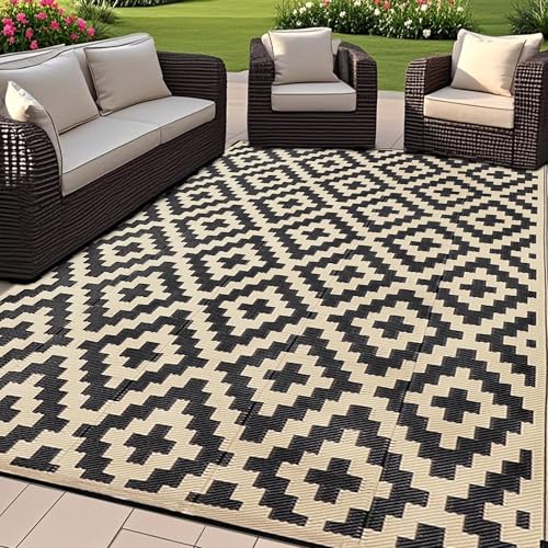 SAND MINE Reversible Mats, Plastic Straw Rug, Modern Area Rug, Large Floor Mat and Rug for Outdoors, RV, Patio, Backyard, Deck, Picnic, Beach, Trailer, Camping, Black & Beige, 6' x 9' - color: Black & Beige, size: 6' x 9'