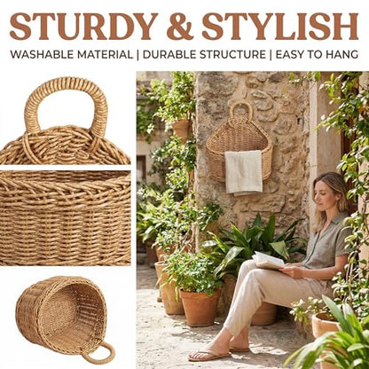 DOITOOL Set of 2 Wicker Hanging Basket for Wall, Front Door, Flowers, Mail, Fruit - Boho Handmade Rattan Hanging Wall Baskets for Garden Farmhouse Home Storage
