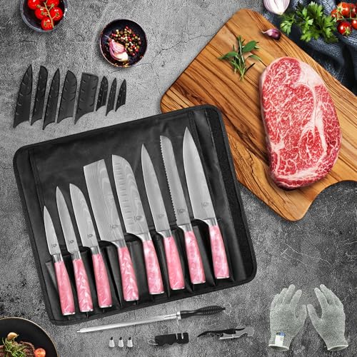 FULLHI 15pcs Japanese Knife Set with Magnetic Knife Block Holder, Japan Stainless Steel Blades, Ergonomic Handles for Professional and Home Cooking (Pink, Knife set) - color: Pink, size: 14 Piece Knife Set