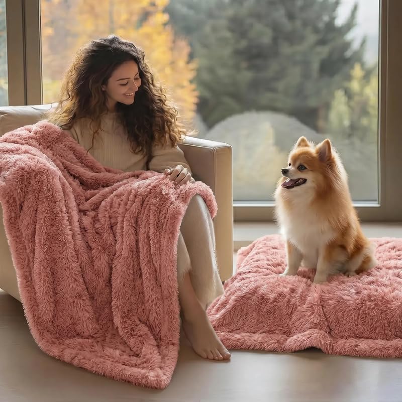 Pink Waterproof Calming Dog Blanket Reversible Faux Fur Sherpa Blankets for Couch Covers Fuzzy Pet Bed Cover Sofa Furnitures Protective(Pink,L-65x57in) - color: Pink, size: L-65x57in
