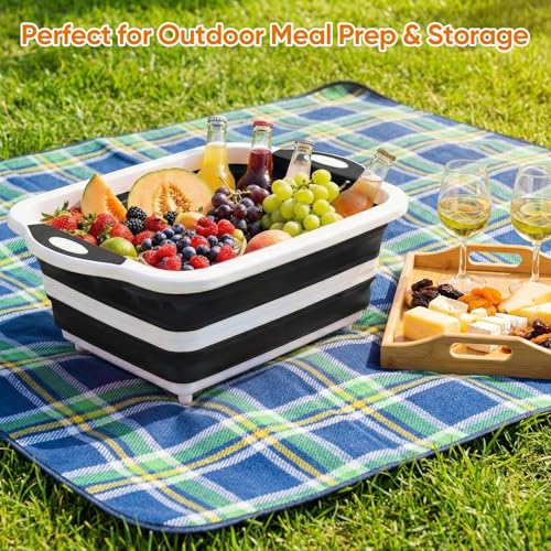 Collapsible BBQ Prep Tub with Lid, Foldable Camping Sink with Colander, Cutting Board, Dish Basin for Kitchen, Bowl, Vegetable and Fruit, Storage Basket for Picnic-Black - color: Black