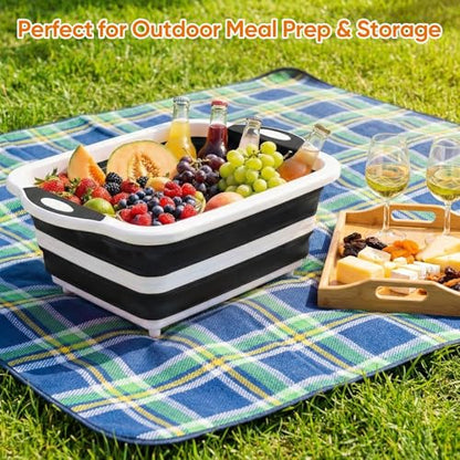 Collapsible BBQ Prep Tub with Lid, Foldable Camping Sink with Colander, Cutting Board, Dish Basin for Kitchen, Bowl, Vegetable and Fruit, Storage Basket for Picnic-Black - color: Black