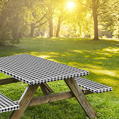 5ft Picnic Table and Bench Cover, Camping Essentials RV Gear, 60 in Waterproof Windproof Outdoor Elastic All Around Tablecloth, Fitted Rectangle Tables and Seats, Black-White Checkered - color: Black-white Checkered, size: 60"