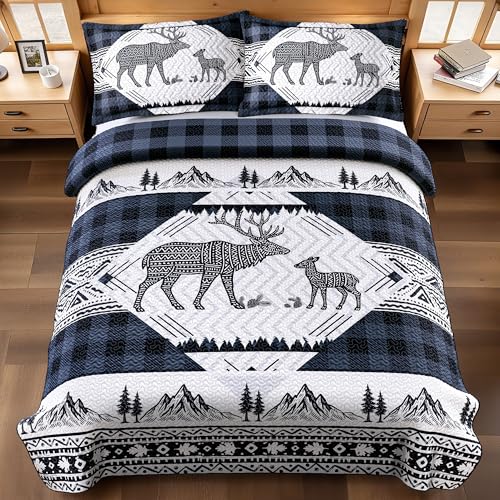 3 Piece Cabin Full/Queen Quilt Sets Farmhouse Rustic Reversible Microfiber Soft Lightweight Bedspread Comforter with 2 Shams Patchwork Country Lodge Bedding Quilts Set for All Season, 90''x96'', Blue - color: Blue Deer, size: Full/Queen