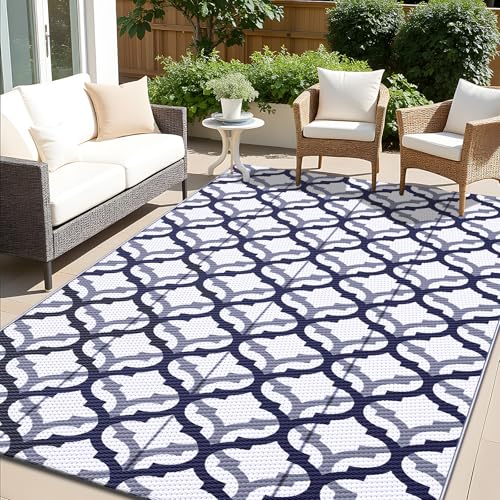 OLANLY Reversible Outdoor Rug 5x8 ft Clearance, Waterproof Outdoor Plastic Straw Rug with Interlacing Pattern, RV Mat for Patio, Camping, Balcony, Deck, Backyard, Navy & White - color: Navy Blue & White, size: 5' X 8' (Rectangular)