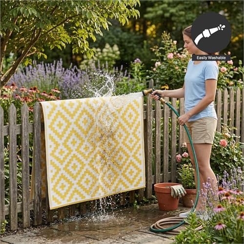 FH Home Outdoor Rug - Waterproof, Fade Resistant, Reversible - Premium Recycled Plastic - Geometric - Large Patio, Deck, Sunroom, Camping, RV - Aztec - Yellow & White Crease Free - 6 x 9 ft - color: Aztec - Yellow & White, size: 6' x 9' (Rectangular)