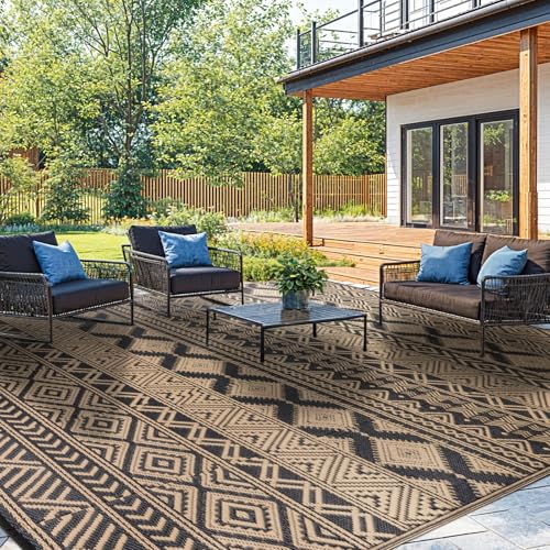 Waterproof Outdoor Rug 5x8 ft, Reversible Plastic Straw Patio Camping Rugs, Outdoor Indoor RV Mat Carpet for Patio, Outside Entry, Backyard, Deck, Bench, Picnic, Camper(5x8,Black&Brown) - color: Black&brown, size: 5' x 8' (Rectangular)