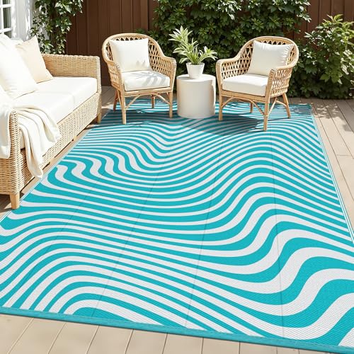 Vaukki Outdoor Patio Rug 5x8, Waterproof Woven Plastic Straw Camping Area Mat, Teal RV Striped Outside Reversible Carpet Clearance for Porch Backyard Deck Balcony - color: Wave-teal, size: 5' x 8' (Rectangular)